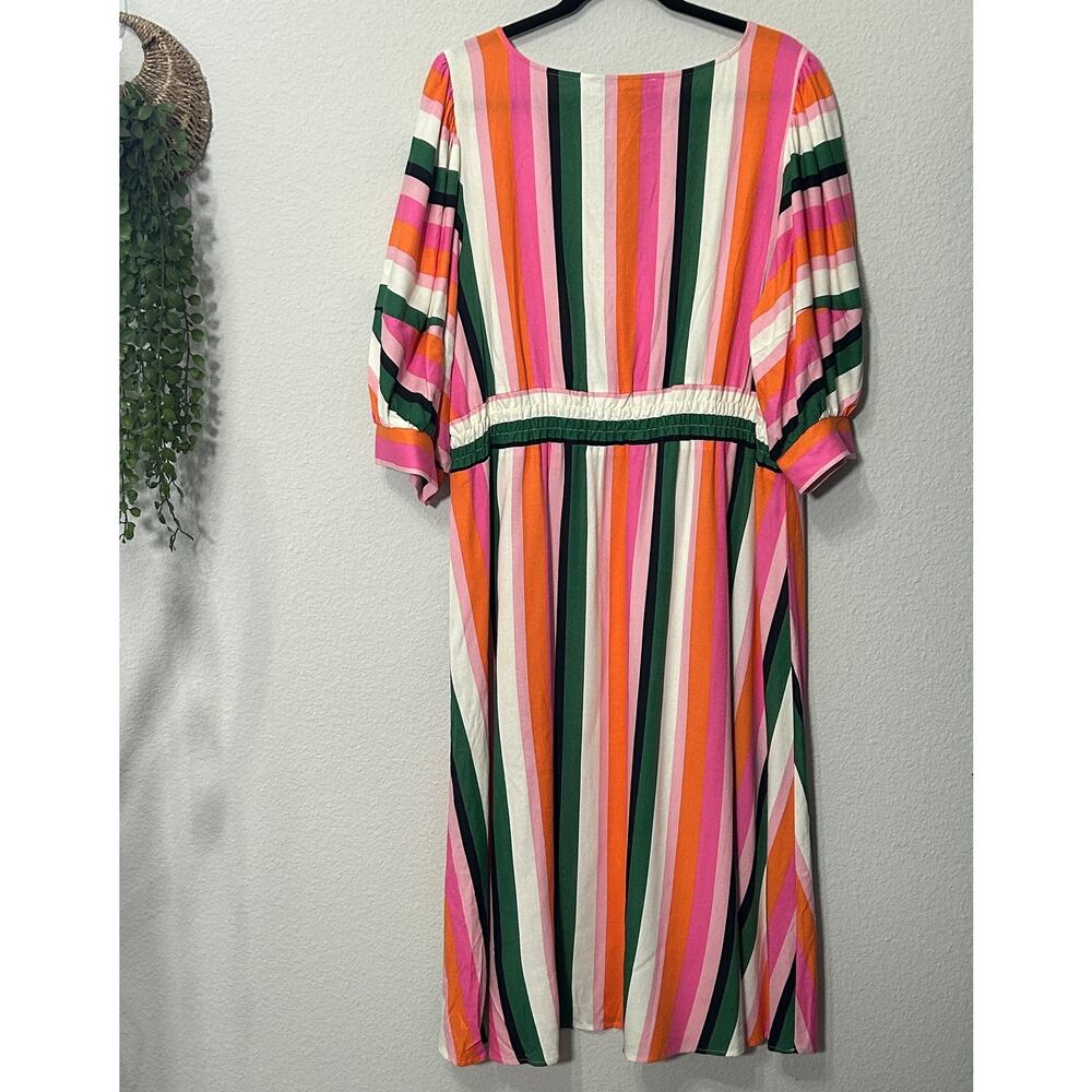 Eloquii Stripe Fit & Flare Linen Blend Dress Pink Green Cut Out Puff Sleeve 20 - Picture 3 of 11